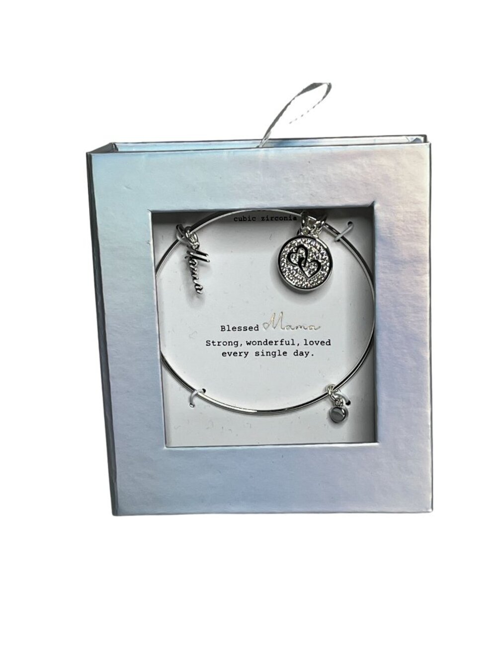 Blessed Mama Stainless Steel Bangle Bracelet CZ Charm Mom Gift Jewelry